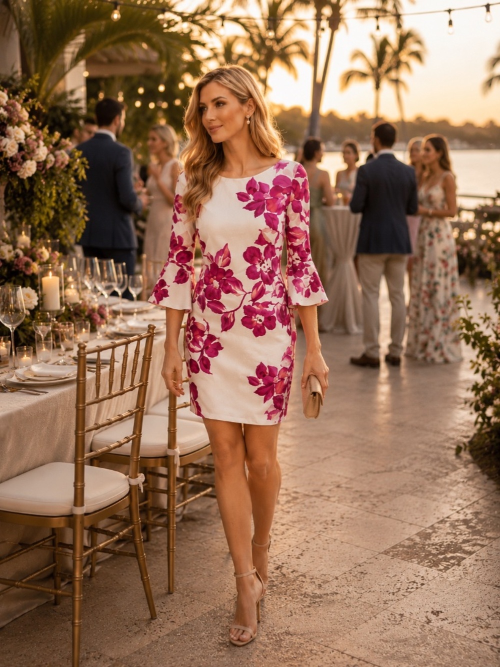 Eliza J Pink and White Floral Bell Sleeve Wedding Guest Dress